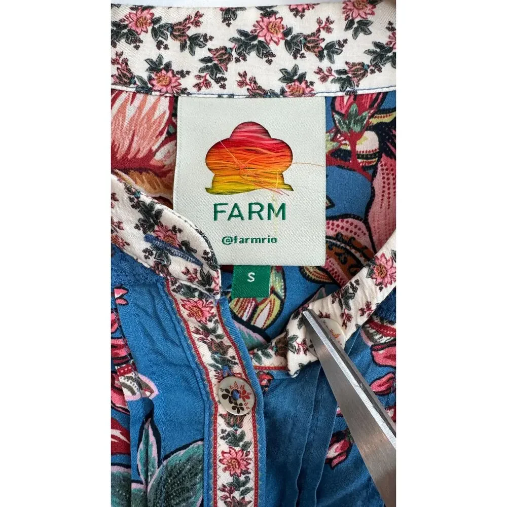 Farm Rio Wonderful Bouquet Floral Blue Long Sleeve Blouse Size Small
